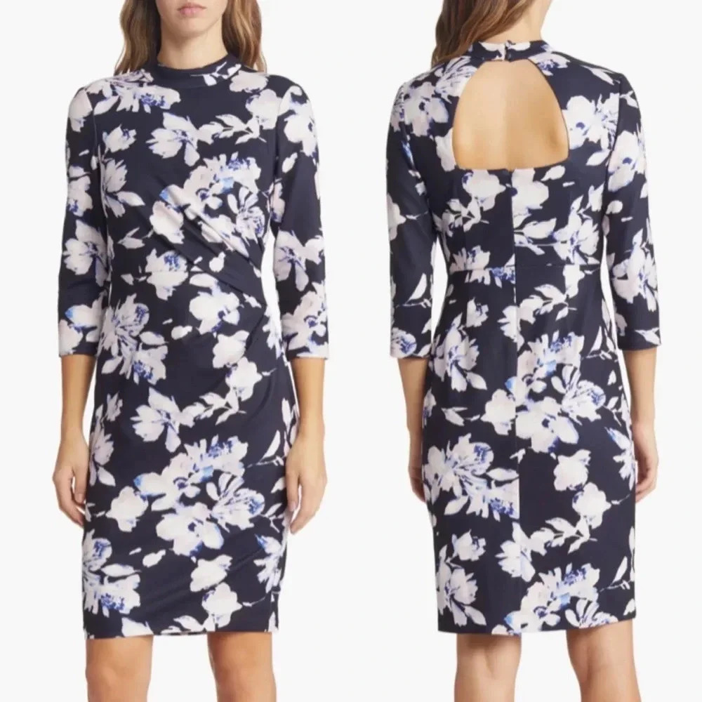 Eliza J Floral Mock Neck Drape Detail Jersey Knit Sheath Dress Navy Size 2 NWT